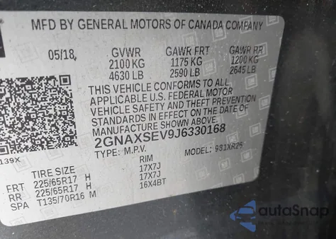 2018 Chevrolet Equinox Lt z USA, uszkodzony, nr VIN 2GNAXSEV9J6330168